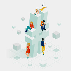 Isometric social network hashtag or hashtag blogging, Concept of hashtag for social media marketing advertising concept. Young people using mobile tablets and smartphones for sending posts and sharing