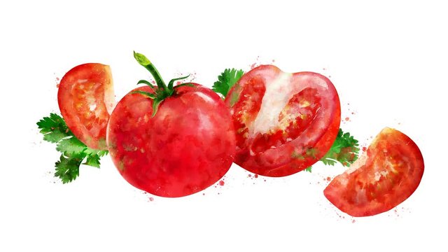 Watercolor appearance animation of the tomato on the alpha channel.