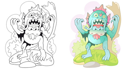 cartoon scary swamp monster, funny illustration