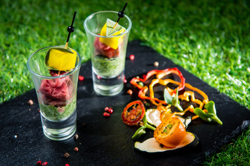 Canapes With Roast Beef And Cheese In A Small Glass