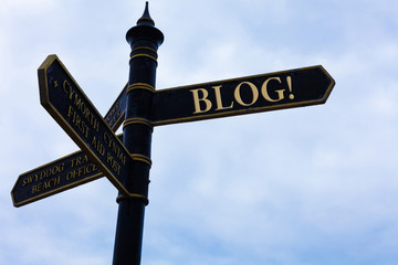 Fototapeta premium Handwriting text writing Blog. Conceptual photo regularly updated website web page run by individual or group Road sign on the crossroads with blue cloudy sky in the background