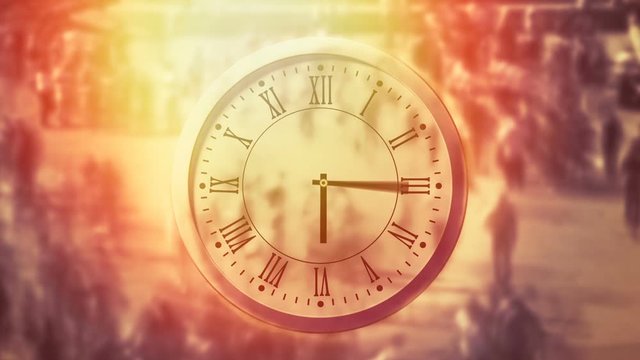 Business  concept or time concept. Timelapse of people walking overlay with time clock.