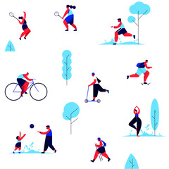 People spending time outside in park performing summer outdoor activities: riding bicycle, doing yoga, playing ball with children, jogging. Geometry flat minimalism style. Vector illustration.