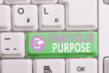Writing note showing Find Your Purpose question. Business concept for reason for something is done or for which exists Keyboard with note paper on white background key copy space