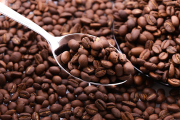 background with coffee beans in spoon 