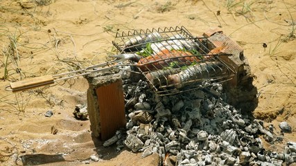 Mackerel, perch, sea bass, dorado, mullet, tuna. Close-up shot of fish grilled over charcoal. 4K