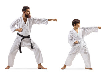 Boy and man practicing karate kata
