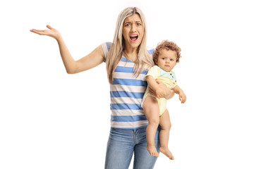 Angry mother with a baby