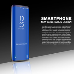 Obraz premium Black phone with touch screen on black background with reflection and shadow, text 