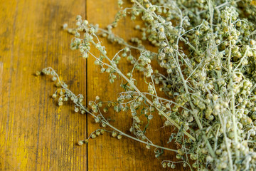 Dry bouquet of herbarium of wormwood plants on a background of old yellow boards.