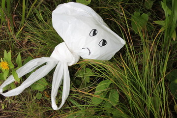 A disposable plastic white bag with a painted sad face on it lies on the ground