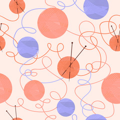 Seamless pattern with with yarn and knitting needles. Editable vector illustration.