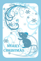 New Year card. The mouse looks at snowflakes and a frosty pattern. The inscription Merry Christmas. Vector illustration, creates a new year mood.