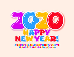 Vector colorful greeting card Happy New Year 2020. Uppercase Creative Font. Bright Alphabet Letters and Numbers