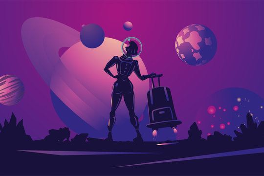 Woman astronaut in spacesuit with travel bag. Space trip cartoon illustration. Futuristic concept.