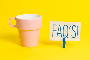 Word writing text Faq S. Business photo showcasing list of questions and answers relating to particular subject Cup empty paper blue clothespin rectangle shaped reminder yellow office