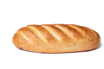 Loaf of bread isolated on white background. Whole bread.Horizontal frame.Studio