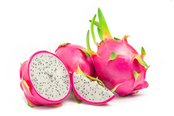 Close up fresh dragon fruit with cut in half isolate on white background