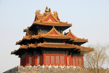 Forbidden City, Beijing, China. A corner tower seen from outside the Forbidden City. The Forbidden City has traditional Chinese architecture. The Forbidden City is also the Palace Museum, Beijing. - obrazy, fototapety, plakaty