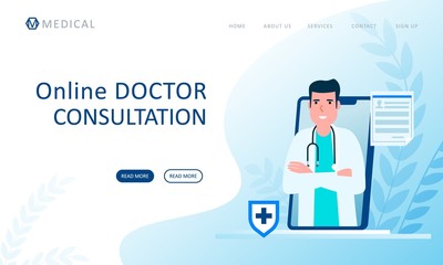 Online consultation doctor concept. Flat design concept of online medicine and healthcare application for website. Medical diagnostics over the Internet. Doctor online landing page vector.