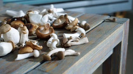closeup of mushrooms at wooden table