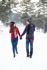 Fototapeta na wymiar young girl and her boyfriend enjoying the snow
