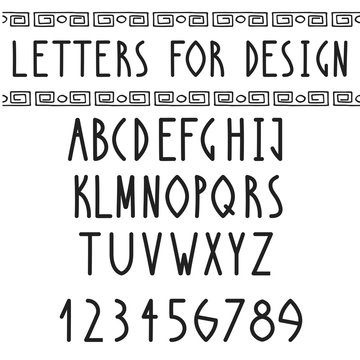 Greek Font. Roman Regular English Alphabet. Vector Antique Letters And Numbers In Egyptian Style. Typeface Design.