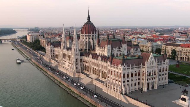 Budapest, Hungary, aerial view of Hungarian Parliament Building at sunset.