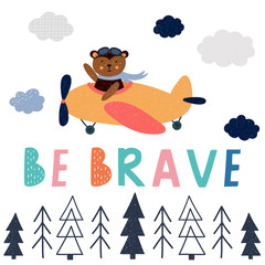 Baby print with animal pilot flies on airplane. Childish vector illustration for poster, card, label, banner, flyer, baby wear, kid’s room decoration. Scandinavian style.