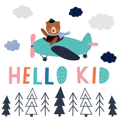 Baby print with animal pilot flies on airplane. Childish vector illustration for poster, card, label, banner, flyer, baby wear, kid’s room decoration. Scandinavian style.