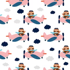 Naadloos Behang Airtex Dieren onderweg Cartoon luiaard vliegt op vliegtuig, dierlijke piloot, kinderachtig vectorillustratie, naadloos patroon. Ontwerp voor stof, verpakking, textiel, behang, kleding. Vector illustratie.