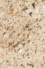 Sand and smooth stones on the beach. Sandy texture, coast, river bank. Large sand with small stones, bright sunlight. The concept of leisure, summer, beach.