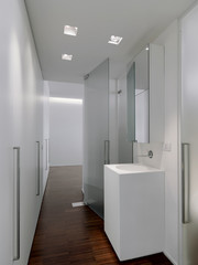 inside view of a modern bathroom with column washbasin