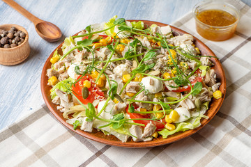 Close up view on large plate with tasty salad: tomato, feta cheese, roasted meat chicken, asparagus and greens. Food photo background. Healthy, dieting, balanced salad