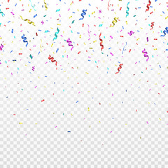 Colorful bright confetti on transparent background. Festive illustration for holiday design.