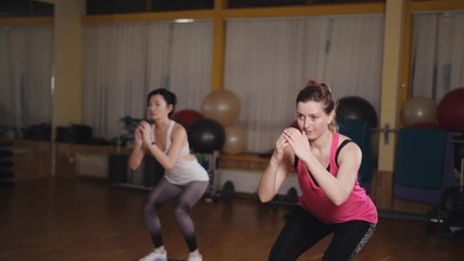 Two women doing exercise in the aerobic room with the use of the balance board.
