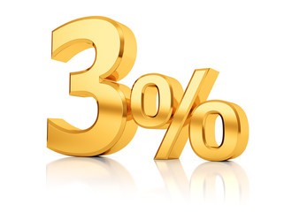 3d render illustration. Golden three percent on a white background. Illustration for advertising.