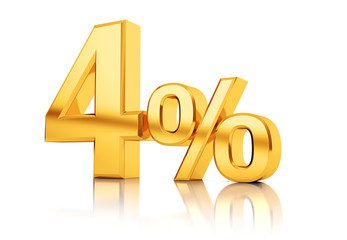 3d render illustration. Golden four percent on a white background. Illustration for advertising.
