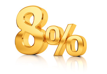 3d render illustration. Golden eight percent on a white background. Illustration for advertising.