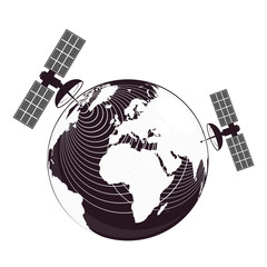 Two satellites transmit a signal to the globe