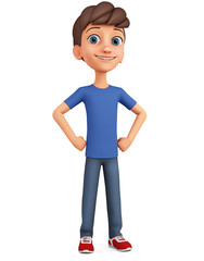 Cartoon guy in a blue shirt hands on hips on a white background. 3D rendering. Illustration for advertising.