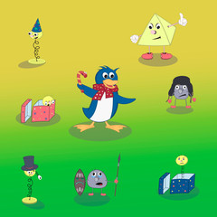 Set of vector cartoon characters in different emotions and poses: penguin, spring and pyrimid on a colorful background.