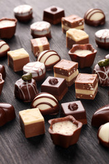 a lot of variety chocolate pralines, belgian confectionery gourmet chocolate.