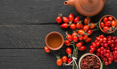 herbal tea with rose hips and viburnum, Medicinal plants and herbs composition