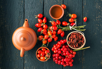 herbal tea with rose hips and viburnum, Medicinal plants and herbs composition