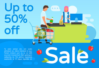 Supermarket sale brochure template. Flyer, booklet, leaflet concept with flat illustrations. Vector page layout for magazine. Grocery store discount advertising leaflet with text space