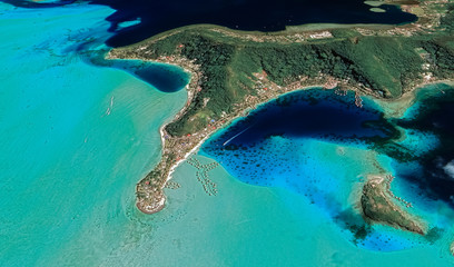 Landscape of the coast of the resort island of Bora Bora from a bird's eye view