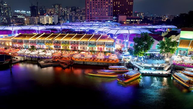 4K Time lapse video ClarkeQuay is one of Singapore most famous and bustling nightlife district a community located on the banks of the Singapore River The Read Bridge is the junction of the two sides.
