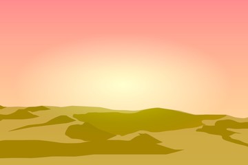 Mars atmosphere illustration. Scenic of sand dunes with red sky sunrise time