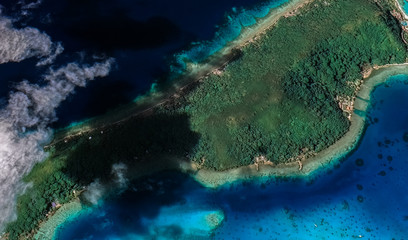 Landscape of the coast of the resort island of Bora Bora from a bird's eye view